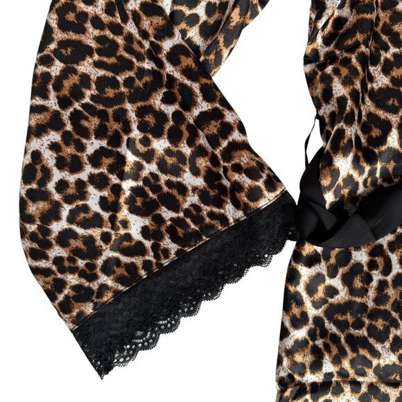 New Leopard Print Robe Womens Medium Long Sleeve Black Lace Trim Satin Mob Wife - Picture 12 of 14